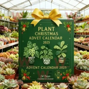 Plant Christmas Advent Calendar 2025 in a greenhouse surrounded by succulents.