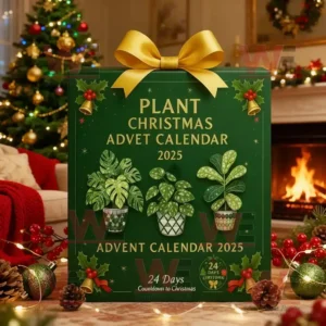 Plant Christmas Advent Calendar 2025 box in front of a fireplace and Christmas tree.