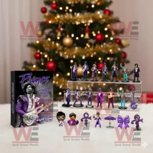 Prince Purple Rain Advent Calendar 2025 with small purple figure collectibles in front of Christmas tree!