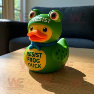 A rubber duck wearing a green frog costume with the words Resist Frog Duck on its chest.