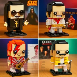 Building brick figure of Elvis Presley in white jumpsuit with microphone.