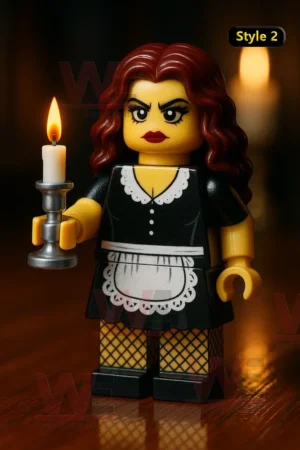 LEGO maid figure in black and white dress holding a candle.