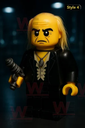LEGO figure with blond hair in black outfit holding a weapon.