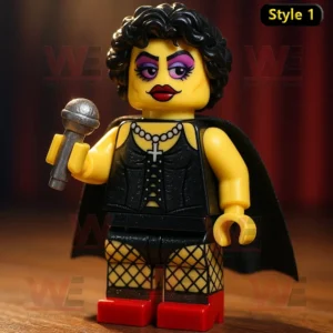 LEGO figure in black outfit with cape holding a microphone.