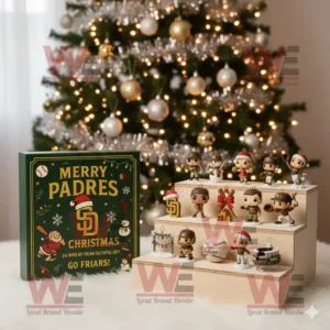 San Diego Padres Advent Calendar with mini baseball themed figures arranged beside Christmas tree!