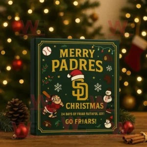 San Diego Padres Advent Calendar box with festive baseball themed design in front of Christmas lights!