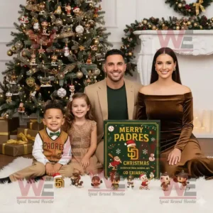 Family sitting by Christmas tree with San Diego Padres Advent Calendar and small baseball themed figures!