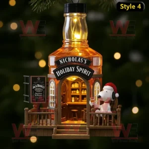 Snoopy sitting beside a glowing whiskey bottle ornament labeled Nicholas’s Holiday Spirit.