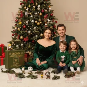 Family sitting by a Christmas tree with Snoopy Army Heroes figures and a U.S. Army 250th anniversary box.