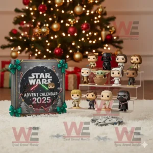Star Wars Advent Calendar 2025 with collectible figures displayed in front of a Christmas tree.