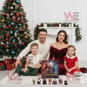 Family sitting by a Christmas tree with Santa Cosplay Advent Calendar 2025 and collectible Santa figures.