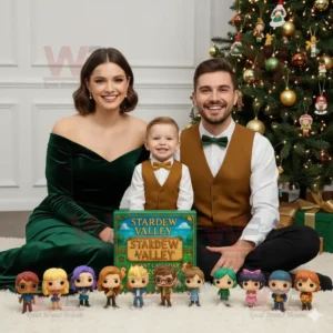A family posing with a Stardew Valley Advent Calendar 2025 and small character figures near a Christmas tree.