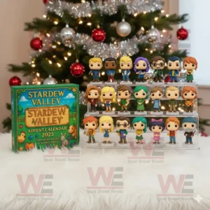 A Stardew Valley Advent Calendar 2025 with miniature character figures in front of a Christmas tree.