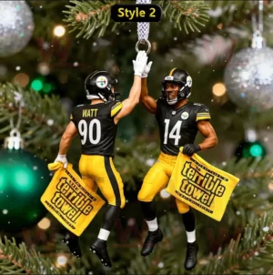 Two Pittsburgh Steelers players high fiving while holding Terrible Towels as a Christmas ornament!
