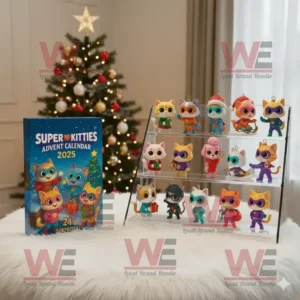 SuperKitties Advent Calendar 2025 box with small colorful cat superhero figures beside Christmas tree!