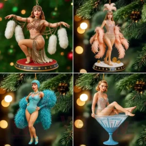 A turquoise showgirl ornament with matching gloves and a feathered shawl hanging on a Christmas tree!