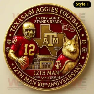 A Texas A&M Aggies 12th Man anniversary coin with football player, mascot, and stadium design.