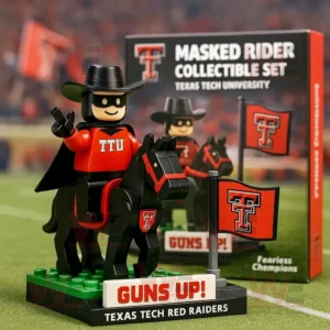 A Texas Tech Masked Rider collectible figure on a horse with a TTU flag and Guns Up sign.
