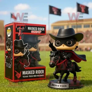 A Texas Tech Masked Rider figure on a horse with a black hat and red cape beside its display box.