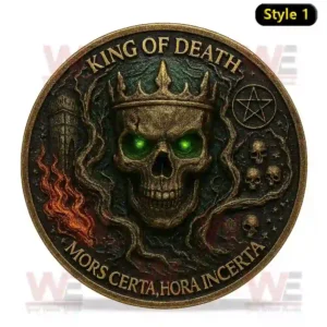 A coin featuring a crowned skull with glowing green eyes and the text King of Death.