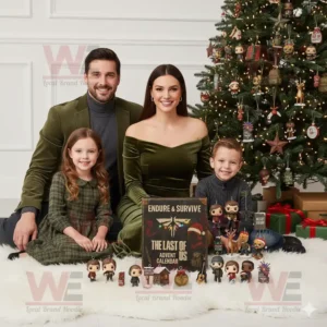 Family sitting by a Christmas tree with The Last of Us Advent Calendar and character figures.