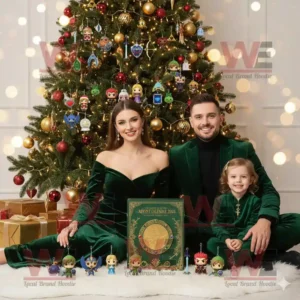 Family sitting by Christmas tree decorated with The Legend of Zelda ornaments and The Legend of Zelda Advent Calendar 2025.