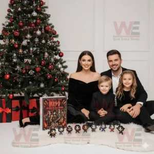 Family posing with KISS 2025 Advent Calendar and collectible figures near a decorated Christmas tree.