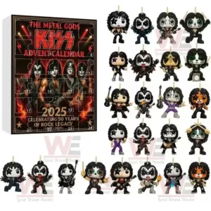KISS 2025 Advent Calendar with twenty-four miniature rock band figures displayed beside the box.