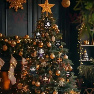 Christmas tree decorated with gold ornaments and miniature KISS figures from the 2025 Advent Calendar.