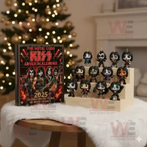 KISS 2025 Advent Calendar with miniature rock figures displayed near a Christmas tree.
