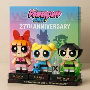 A 27th anniversary collectible set of The Powerpuff Girls with Blossom, Bubbles, and Buttercup figures!```