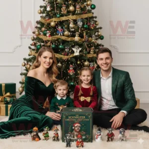 Family sitting by a Christmas tree with the Schnauzer Christmas Countdown 2025 box and figurines.