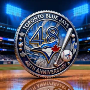 A Toronto Blue Jays 48th anniversary commemorative coin with the team logo and baseball design.