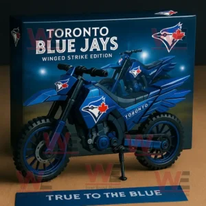 Blue Toronto Blue Jays themed motorcycle model with team logo and winged design in front of product box!
