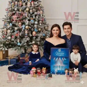 Family sitting by Christmas tree with TWICE 10th Anniversary Christmas POP Edition Advent Calendar 2025.