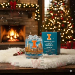 University of Illinois 158th Anniversary Glass 4 A University of Illinois 158th Anniversary commemorative glass with packaging on a table near a Christmas tree and fireplace.