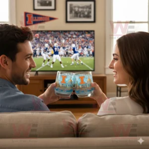 A couple holding University of Illinois 158th Anniversary glasses while watching a football game on TV.