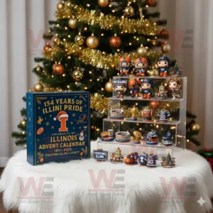 University of Illinois Advent Calendar display with mini figures and a Christmas tree in the background.
