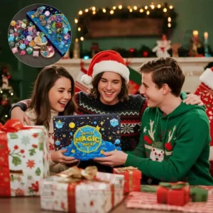 Three friends opening Unlock Magic Dice Advent Calendar 2025 in a Christmas setting.