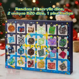 Opened Unlock Magic Dice Advent Calendar showing colorful dice in compartments.