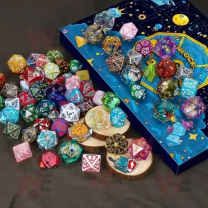 Assorted colorful dice displayed beside the Unlock Magic Dice Advent Calendar 2025 box.