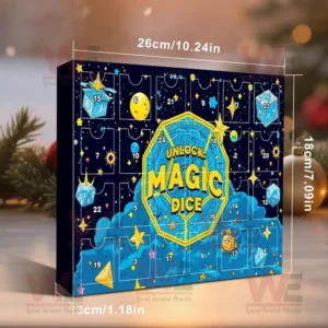 Unlock Magic Dice Advent Calendar 2025 with space-themed design and visible measurements.