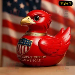 Red eagle figure with patriotic shield in front of the American flag.