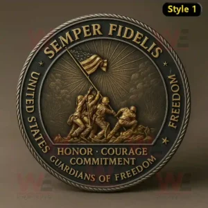 A United States Marine Corps commemorative coin with the Iwo Jima flag raising and the text "Semper Fidelis."