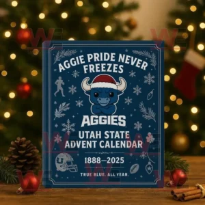Utah State Aggies Advent Calendar box with blue design and mascot wearing Santa hat in front of Christmas lights!
