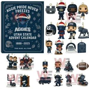 Utah State Aggies Advent Calendar 2025 box with multiple blue and white themed mini sports figurines and ornaments!
