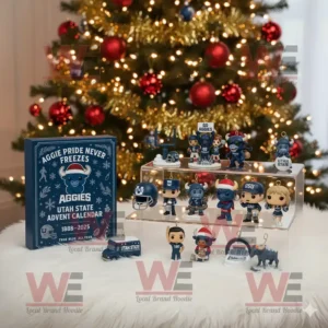 Utah State Aggies Advent Calendar 2025 with small blue themed sports figures beside Christmas tree!