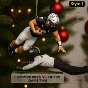 Vanderbilt Commodores football player jumping over a Missouri Tigers defender as a Christmas ornament.