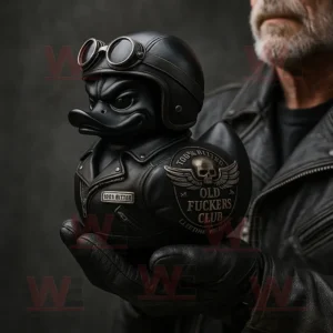 Black biker themed rubber duck with helmet and jacket showing Old Fuckers Club emblem held by a man in leather gloves!