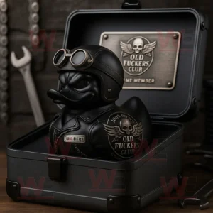 Black rubber duck dressed as a biker in a metal box with Old Fuckers Club plaque inside the lid!